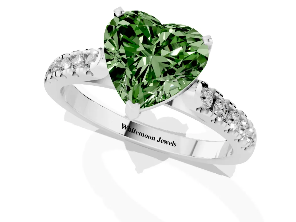 Fancy Green Heart Cut Diamond Pavé Band Solitaire Ring with Prong Setting Silver