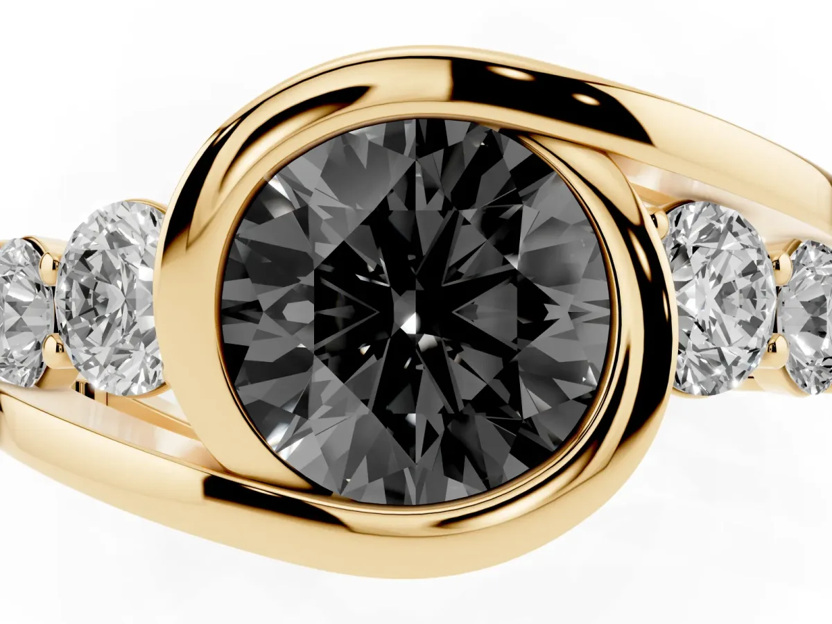 Fancy Black Bezel Set Round Cut Diamond Bypass Ring with Round Accents Yellow gold