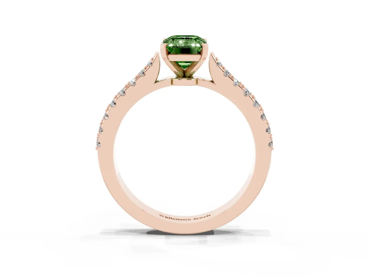 Fancy Green Emerald Cut Cut Solitaire Diamond Engagement Ring with Pave Band and Four-Prong Setting Rose gold