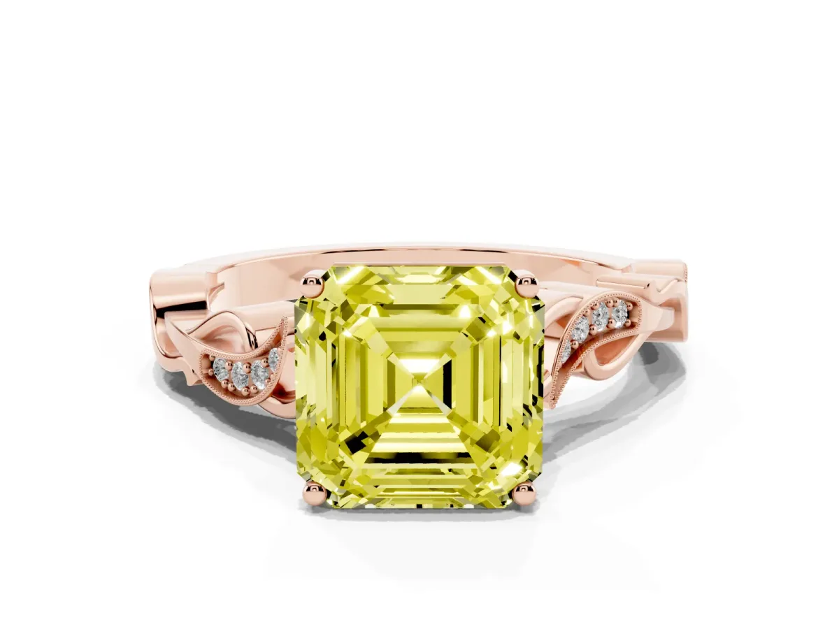 Fancy Yellow Asscher Cut Solitaire Vine Band with Milgrain Prong Setting Rose gold
