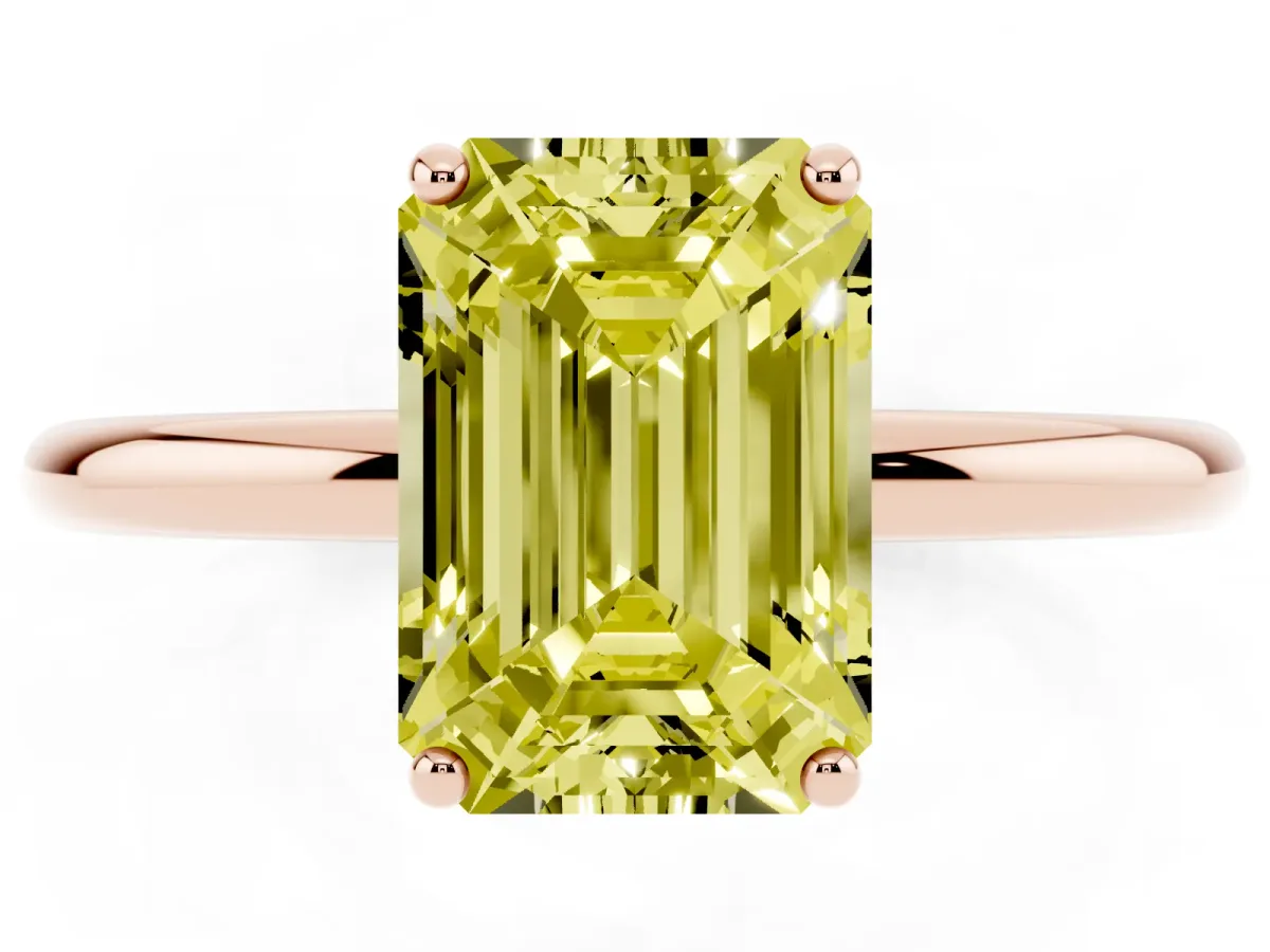 Fancy Yellow Emerald Cut Solitaire Diamond Ring with a Classic Band and Four-Prong Setting Rose gold