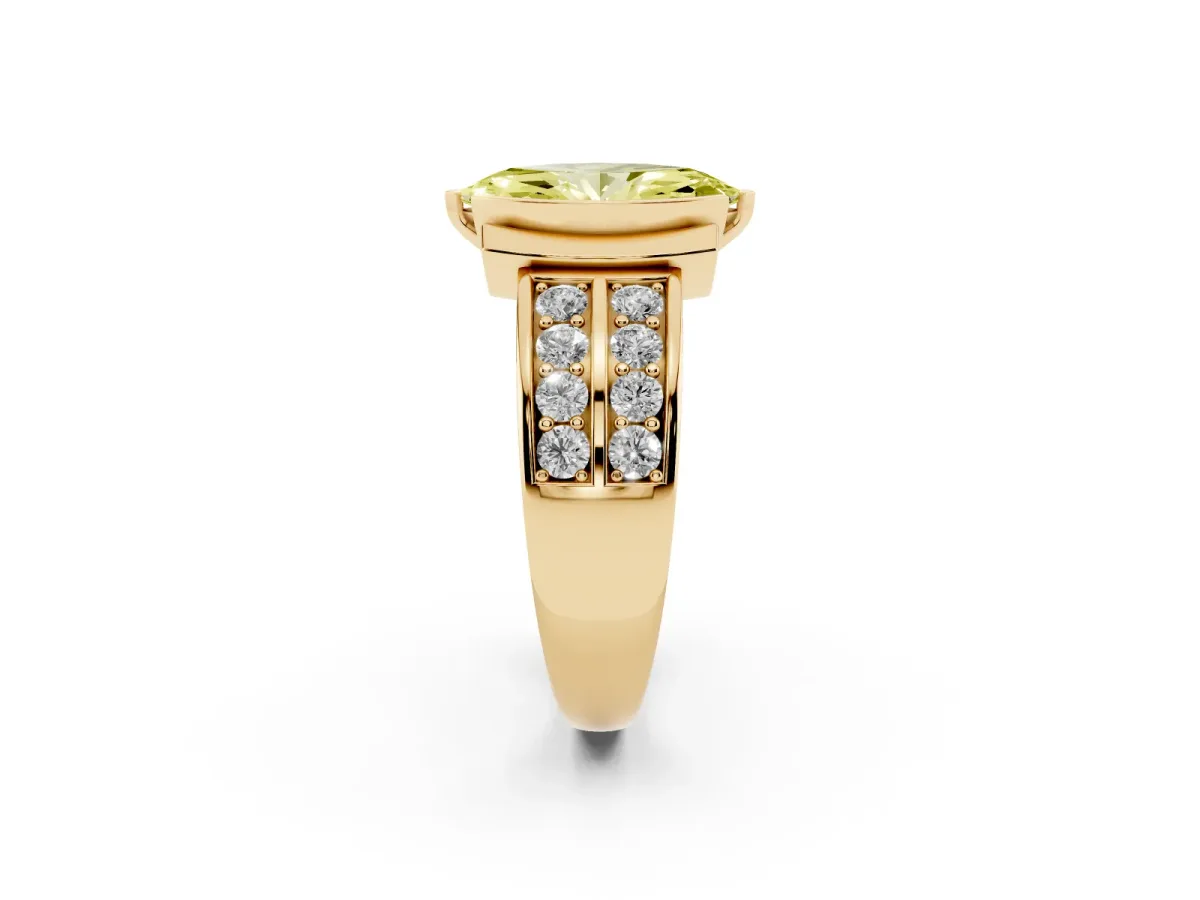 Fancy Yellow Marquise Cut Brilliant Diamond Channel Set Wide Band Ring with Bezel Setting Yellow gold
