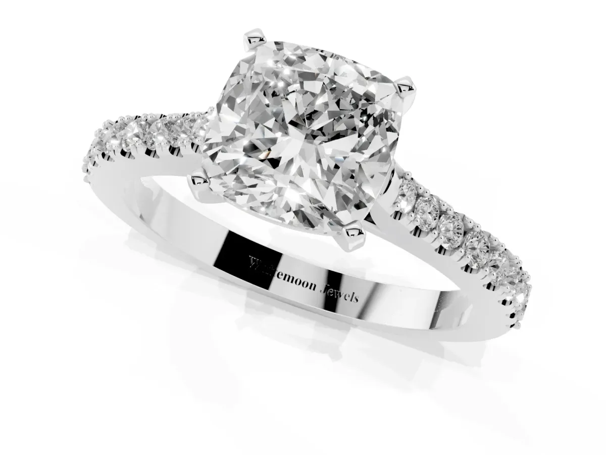 Cushion Cut Cut Solitaire Diamond Engagement Ring with Pave Band and Four-Prong Setting White gold