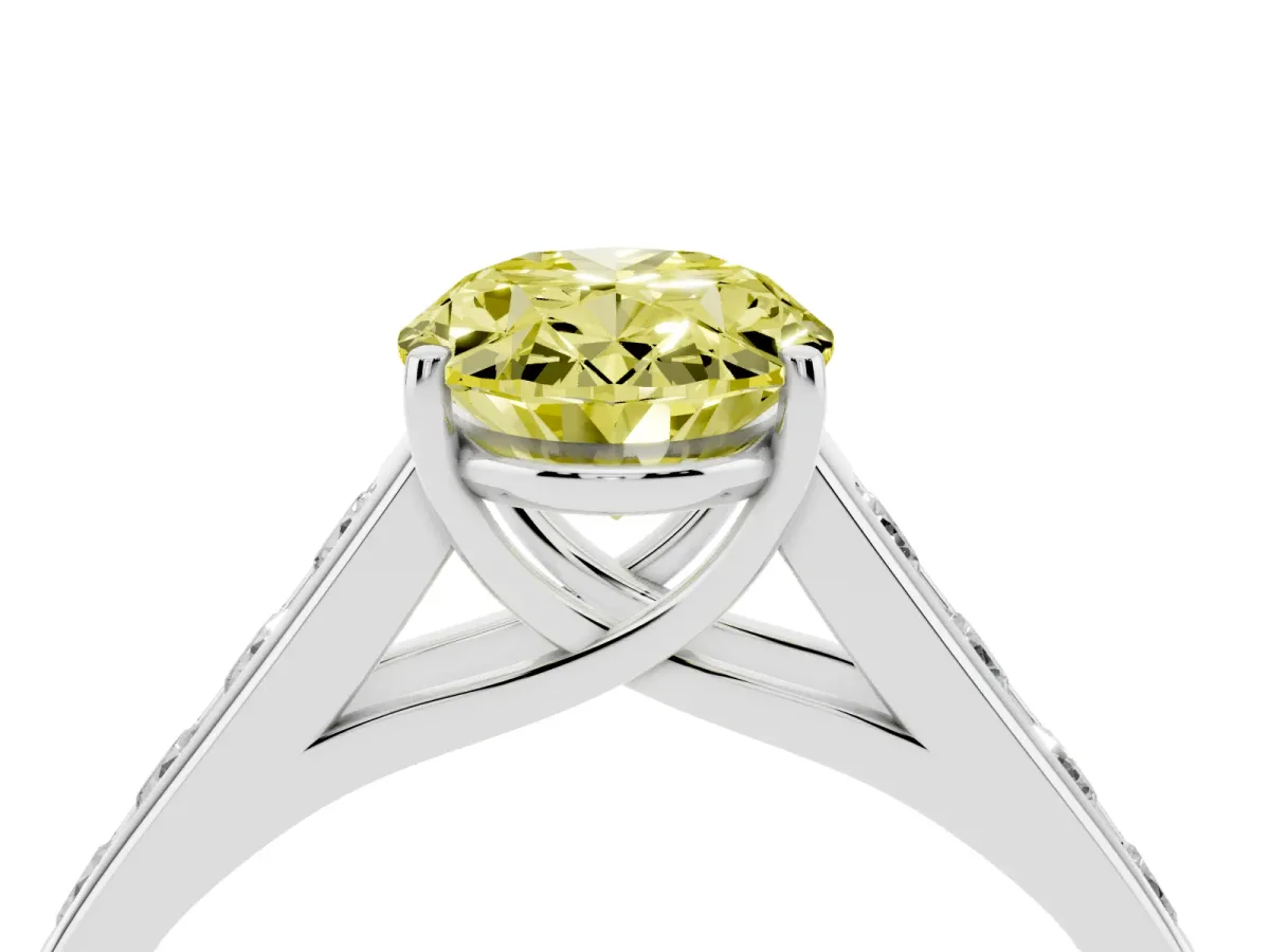 Fancy Yellow Oval Cut Brilliant Channel-Set Solitaire Ring with Four-Prong Setting Silver