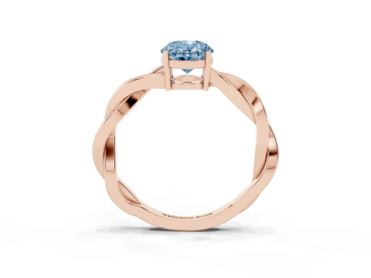 Fancy Blue Oval Cut Solitaire Twisted Pave Diamond Ring with Four-Prong Setting Rose gold