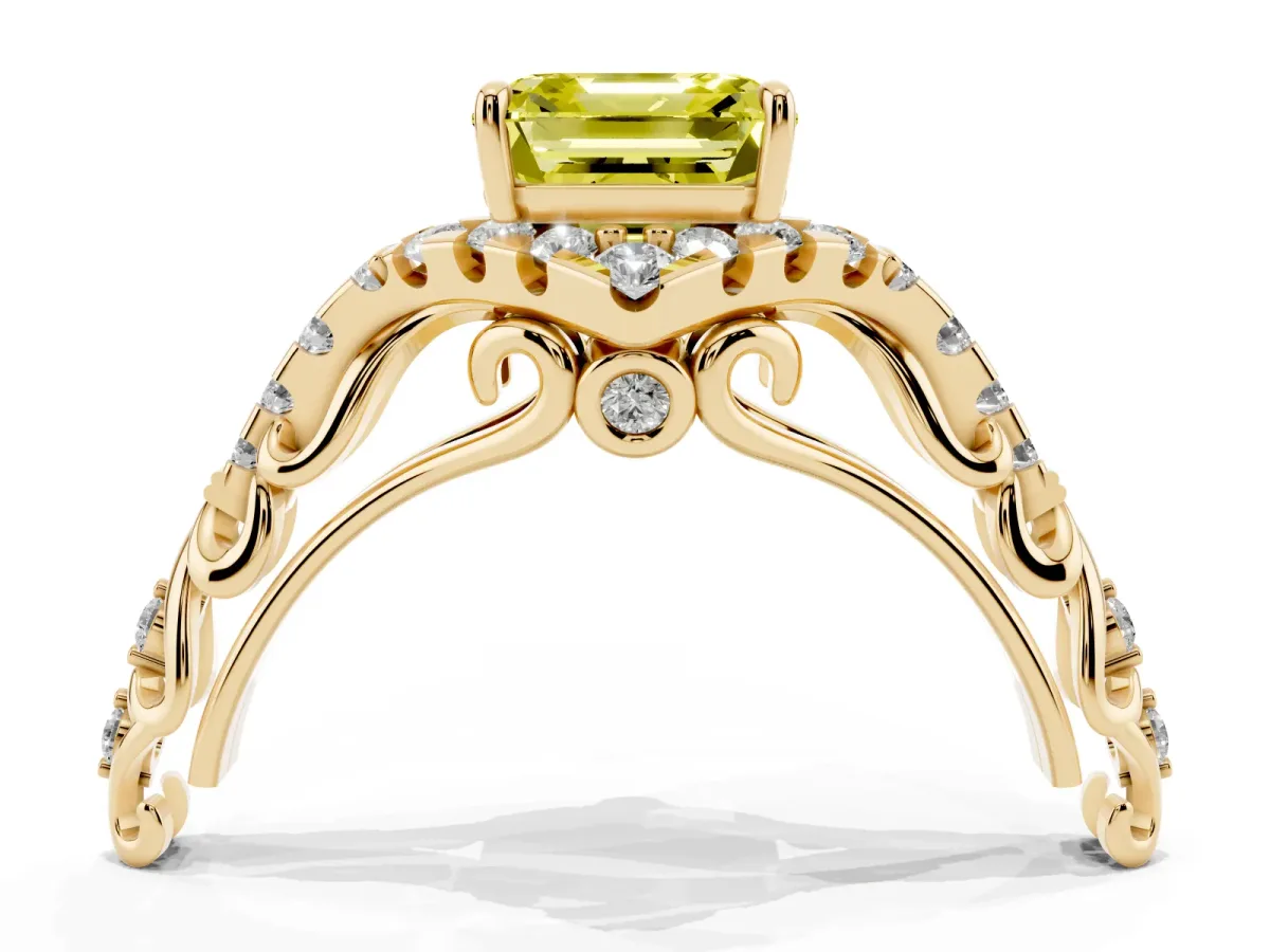 Fancy Yellow Asscher Cut Diamond Solitaire Ring with Hidden Halo and Pavé Band Yellow gold