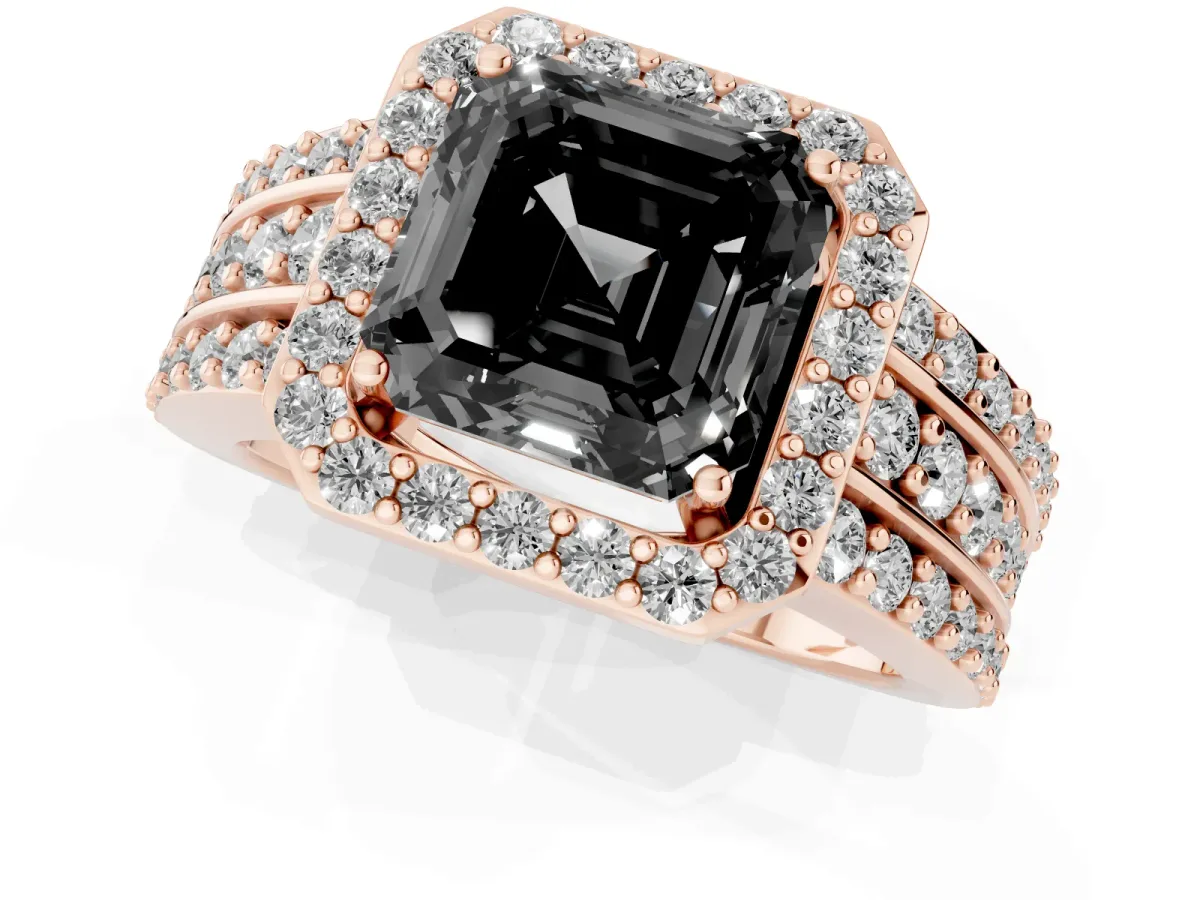 Fancy Black Asscher Cut Halo Diamond Ring with Round Split Shank and Prong Setting Rose gold