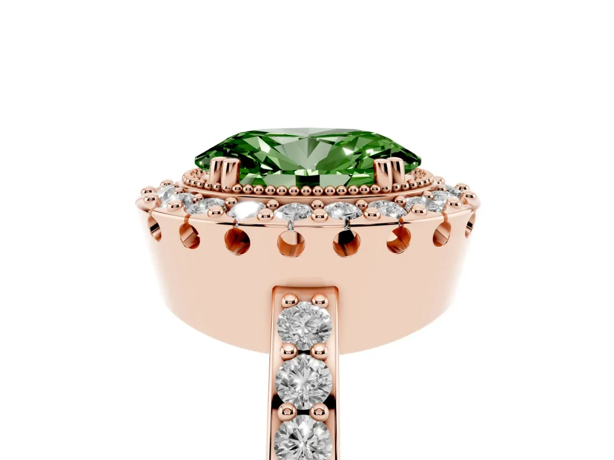 Fancy Green Oval Cut Diamond Halo Ring with Pavé Band and Prong Setting Rose gold