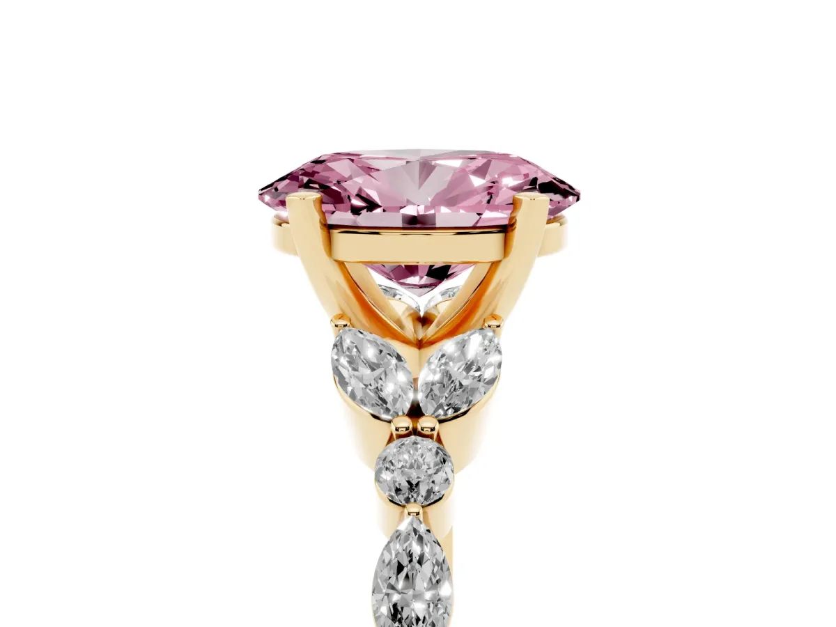 Fancy Pink Oval Cut Diamond Solitaire Ring with Side Stones and Four-Prong Setting Yellow gold
