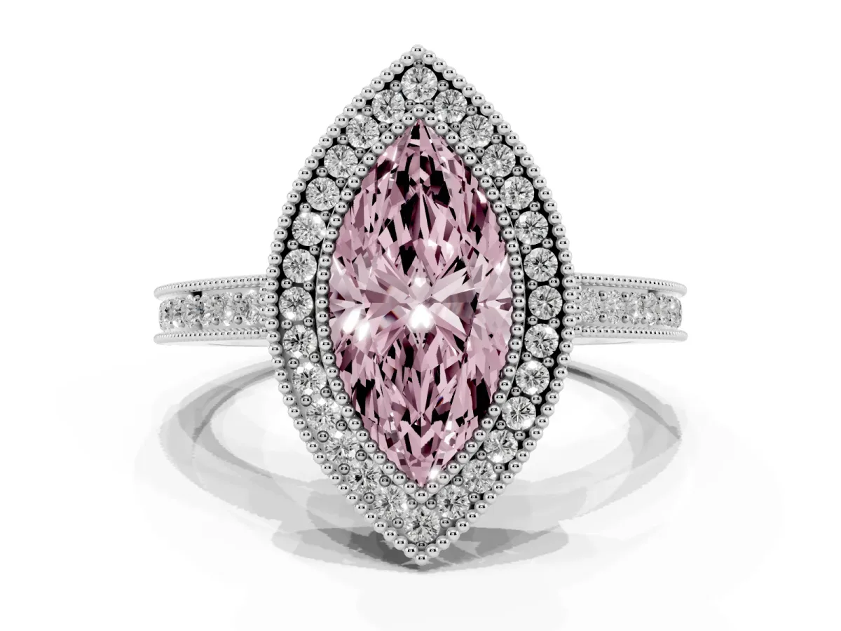 Fancy Pink Marquise Cut Cut Halo Diamond Ring with Pavé Band and Milgrain Prong Setting Silver