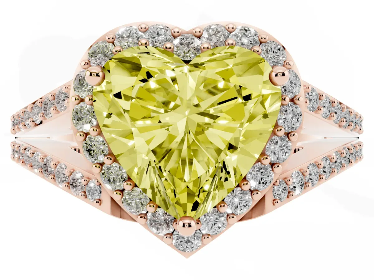 Fancy Yellow Heart Cut Halo Split Shank Diamond Ring with Prong Setting Rose gold