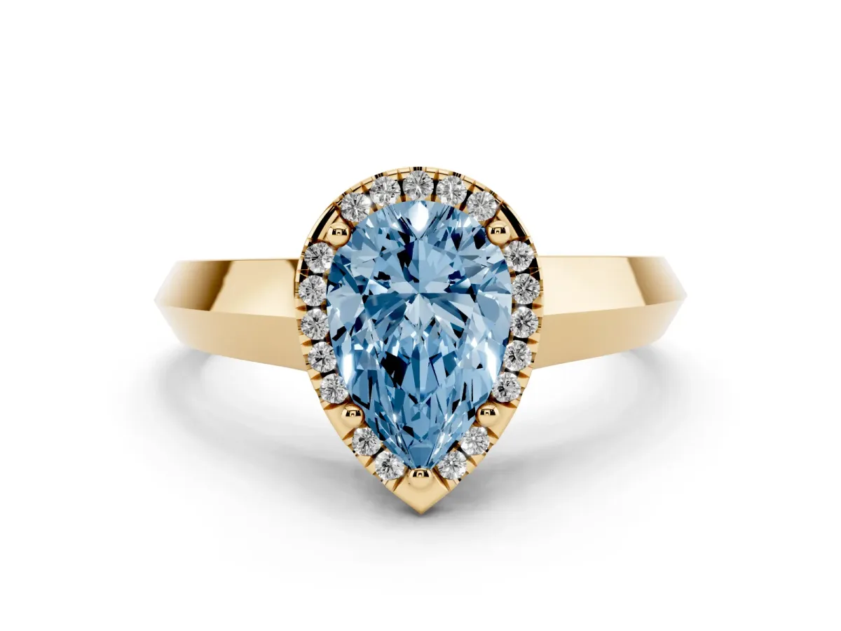 Fancy Blue Pear Cut Halo Diamond Ring with Cathedral Band and Four-Prong Setting Yellow gold