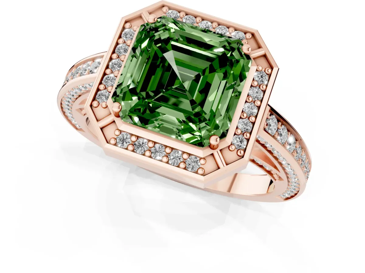 Fancy Green Asscher Cut Cut Halo Pave Split Shank Prong Setting Ring Rose gold