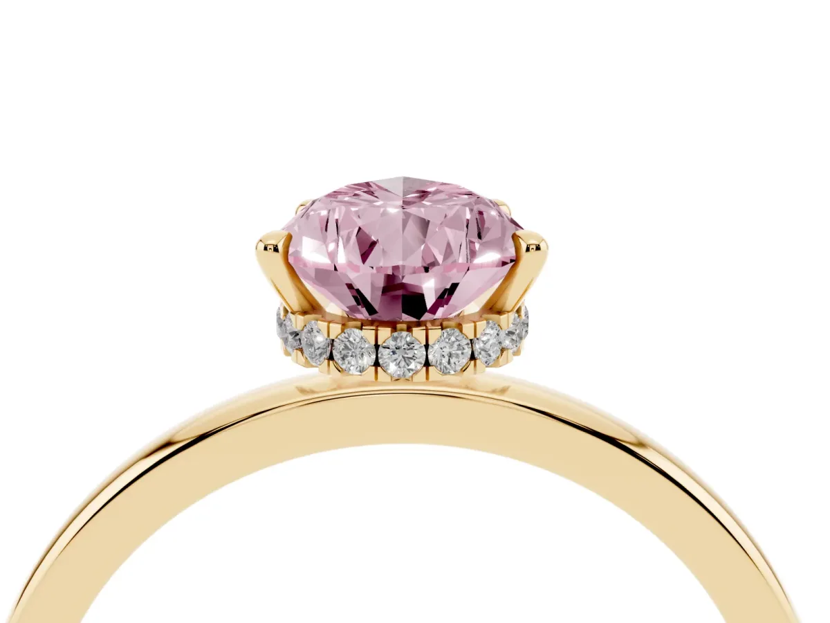 Fancy Pink Pear Cut Solitaire Engagement Ring with Cathedral Band and Four-Prong Setting Yellow gold