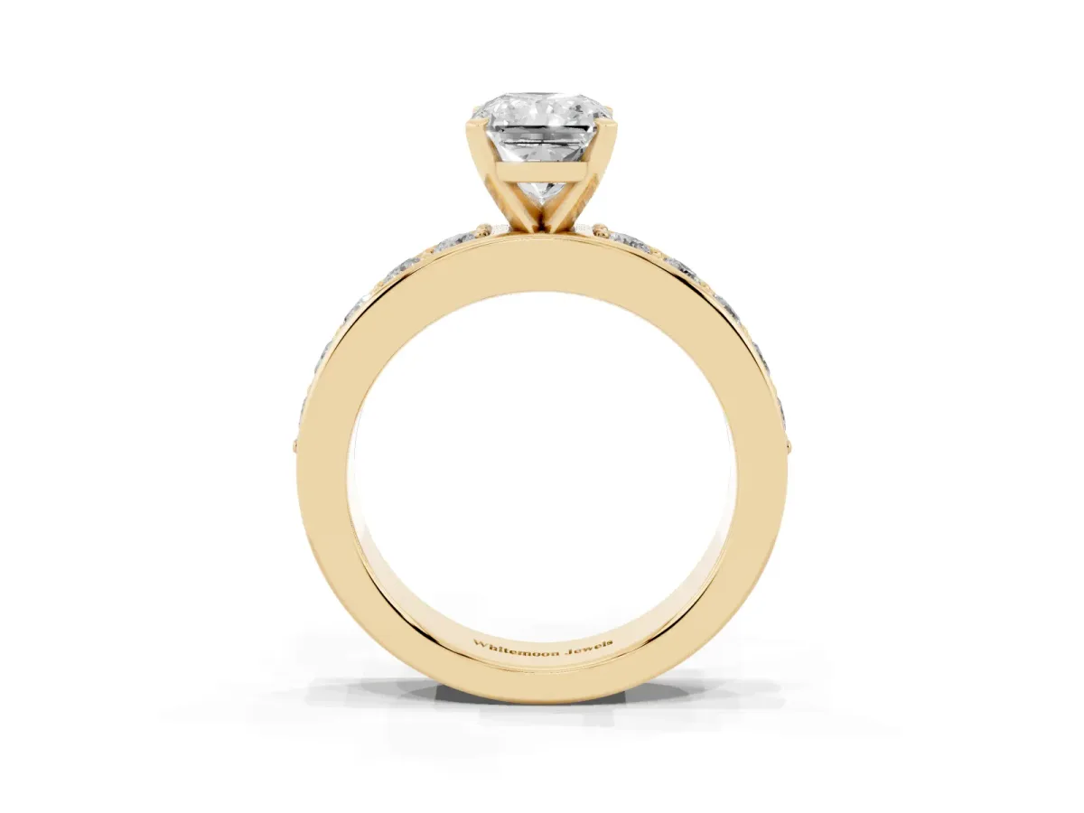 Radiant Cut Diamond Engagement Ring with Channel Set Round Band and Prong Setting Yellow gold