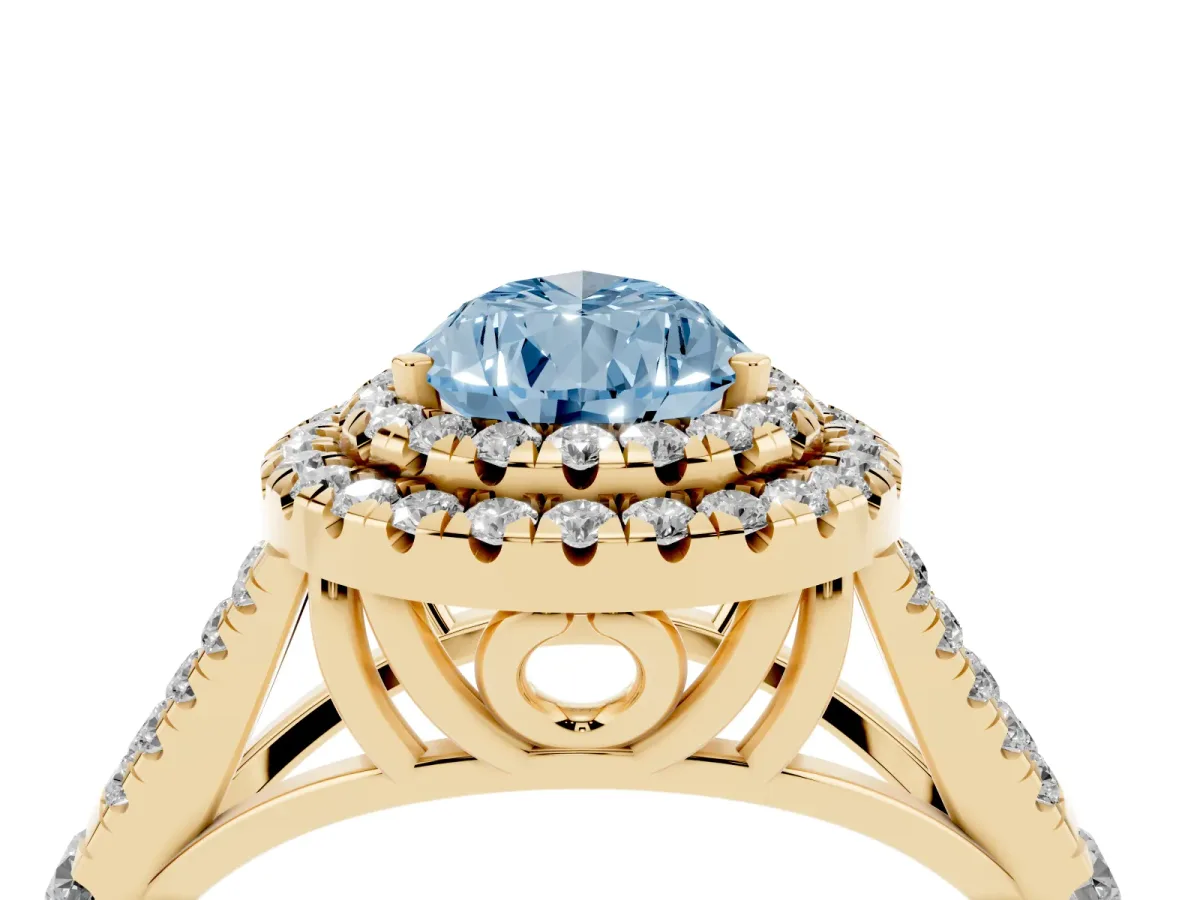 Fancy Blue Pear Cut Diamond Double Halo Ring with Split Shank and Prong Setting Yellow gold