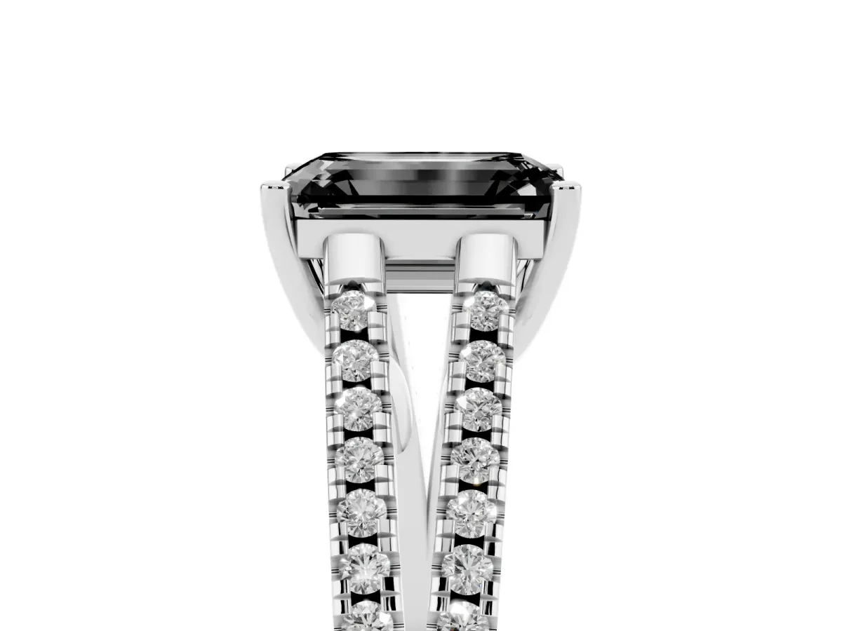 Fancy Black Emerald Cut Diamond Solitaire Engagement Ring with Split Shank Pavé Band Silver