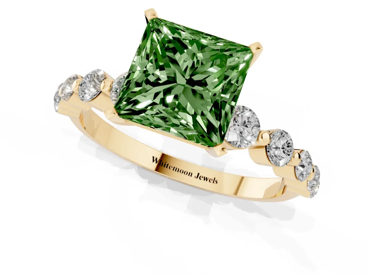 Fancy Green Princess Cut Solitaire Diamond Ring with Pave Band and Four-Prong Setting Yellow gold