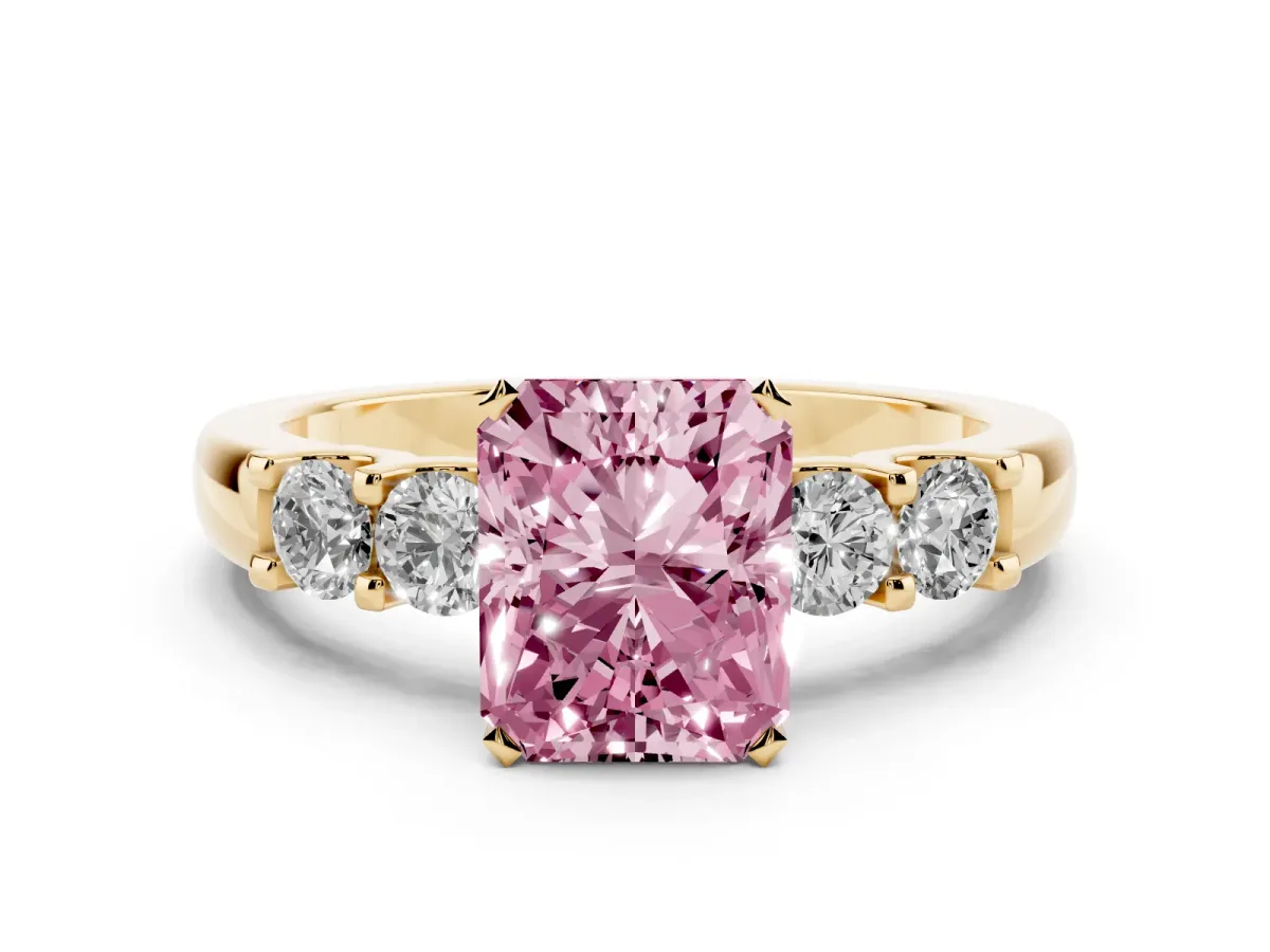 Fancy Pink Radiant Cut Brilliant Cut Diamond Five-Stone Prong Set Engagement Ring with Channel Band Yellow gold