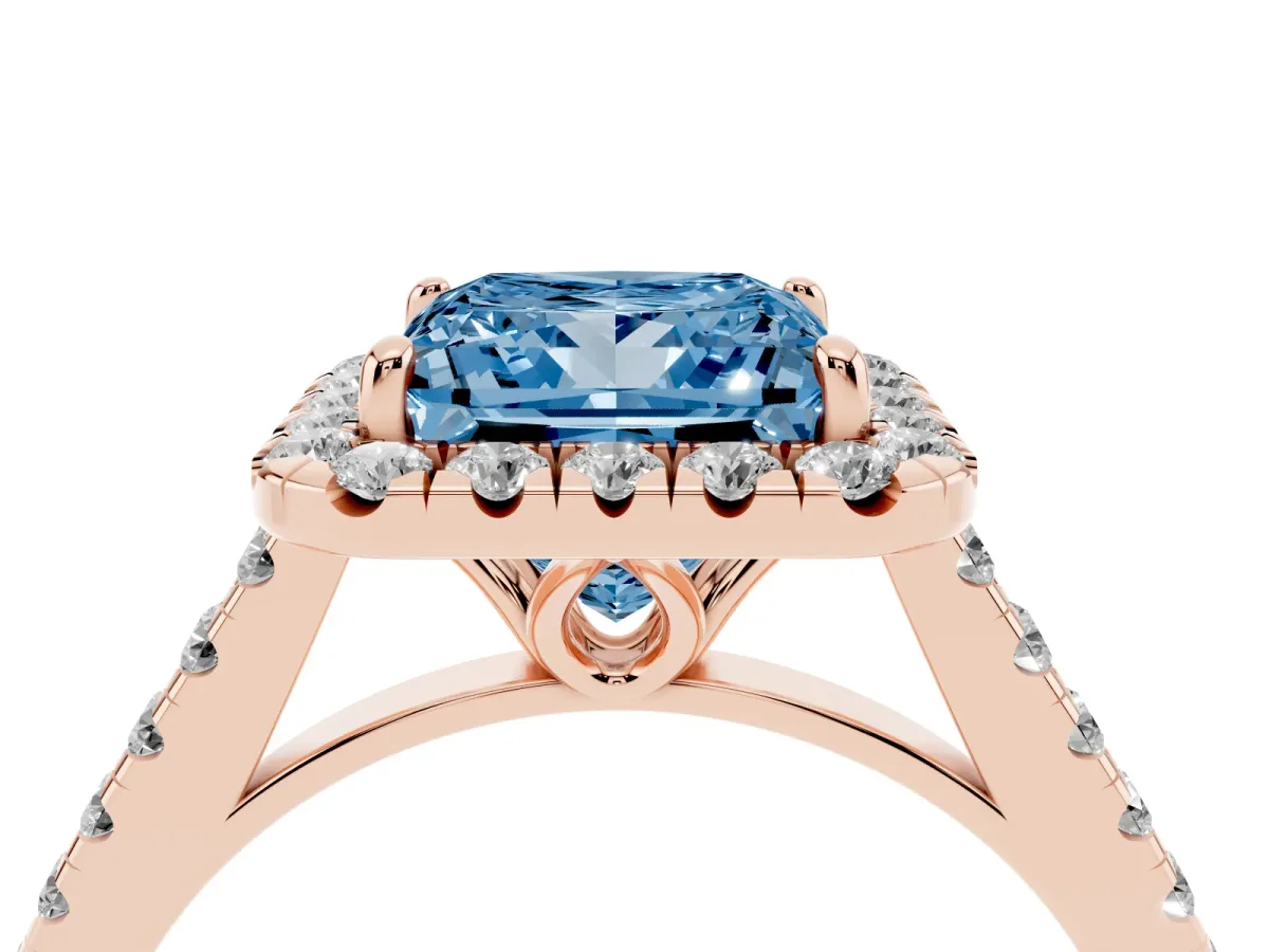 Fancy Blue Princess Cut Halo Pavé Diamond Engagement Ring with Four-Prong Setting Rose gold