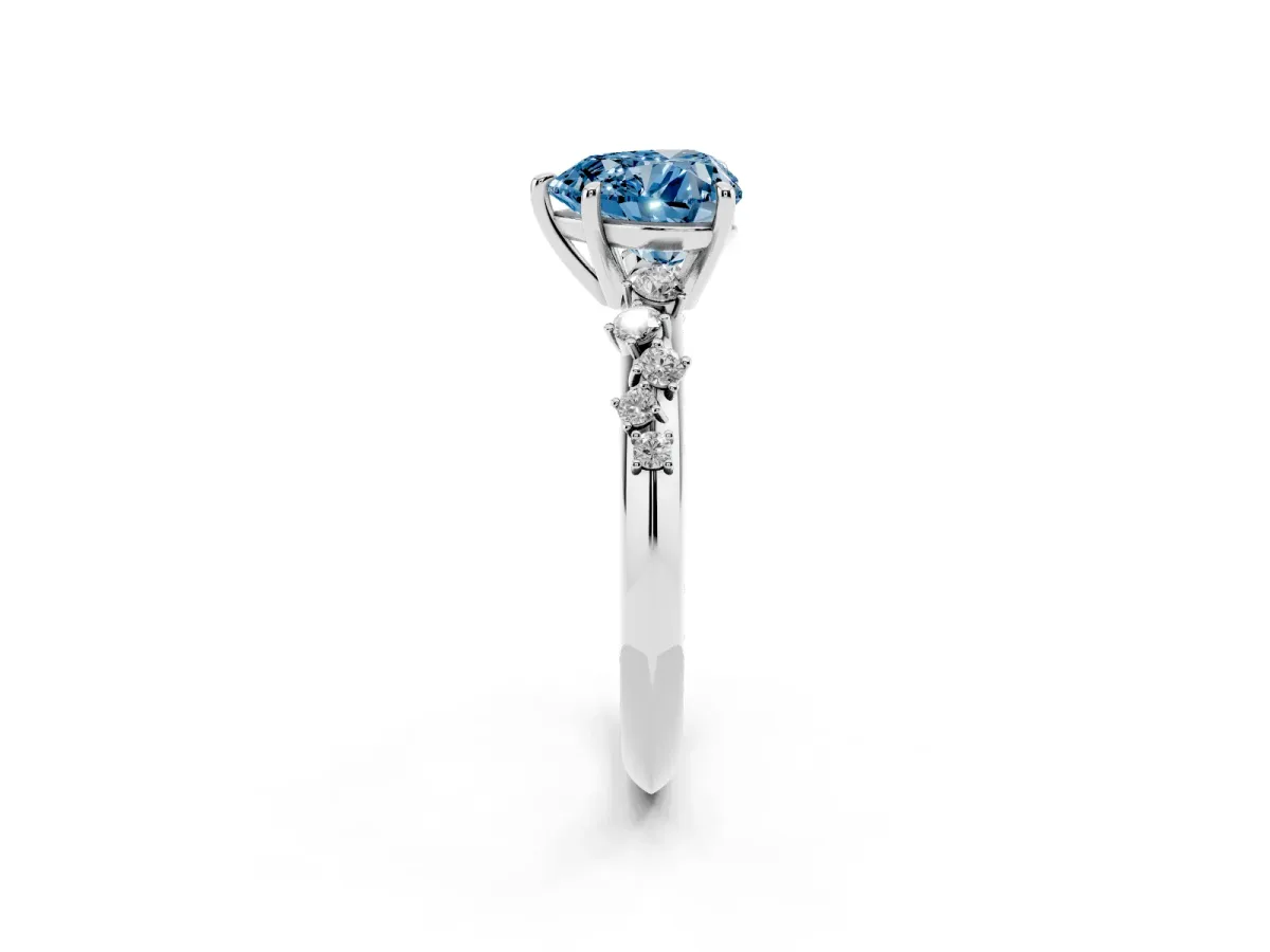 Fancy Blue Heart Cut Diamond Cluster Side Stone Solitaire Ring with Prong Setting Silver