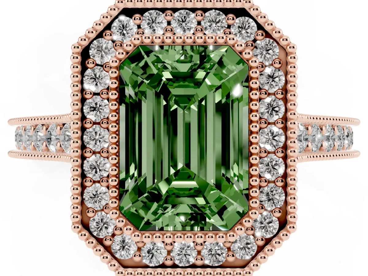 Fancy Green Halo Emerald Cut-Cut Diamond Pave Band Milgrain Prong Setting Ring Rose gold