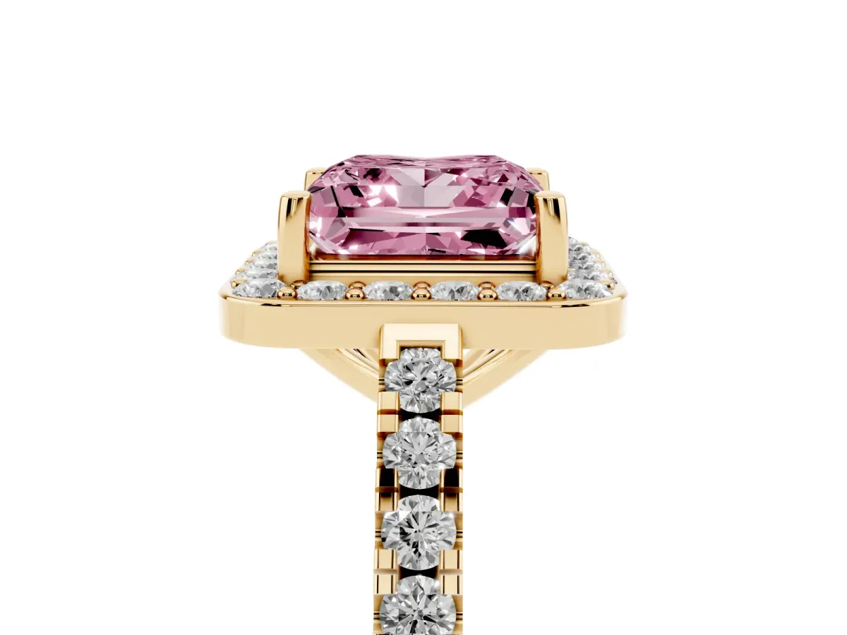 Fancy Pink Princess Cut Diamond Halo Ring with Round Pavé Split Shank and Prong Setting Yellow gold
