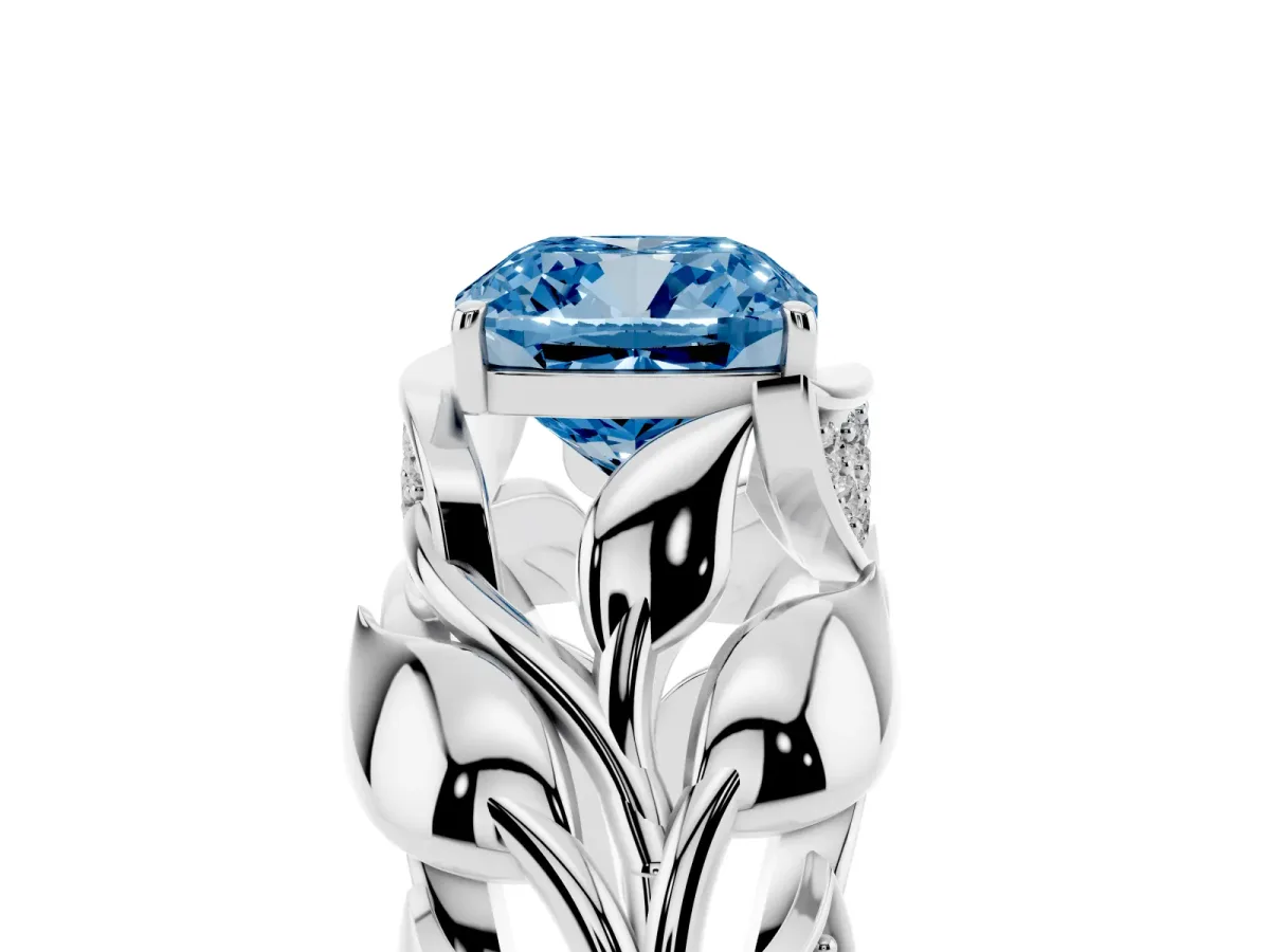 Fancy Blue Cushion Cut Diamond Leaf-Inspired Engagement Ring with Round Accents and Prong Setting Silver