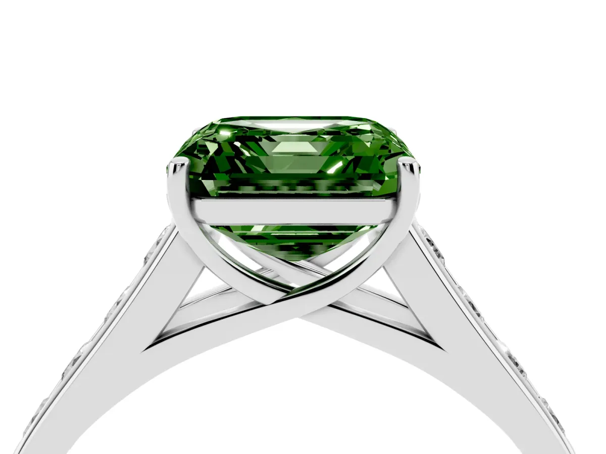 Fancy Green Asscher Cut Brilliant Channel-Set Solitaire Ring with Four-Prong Setting Silver
