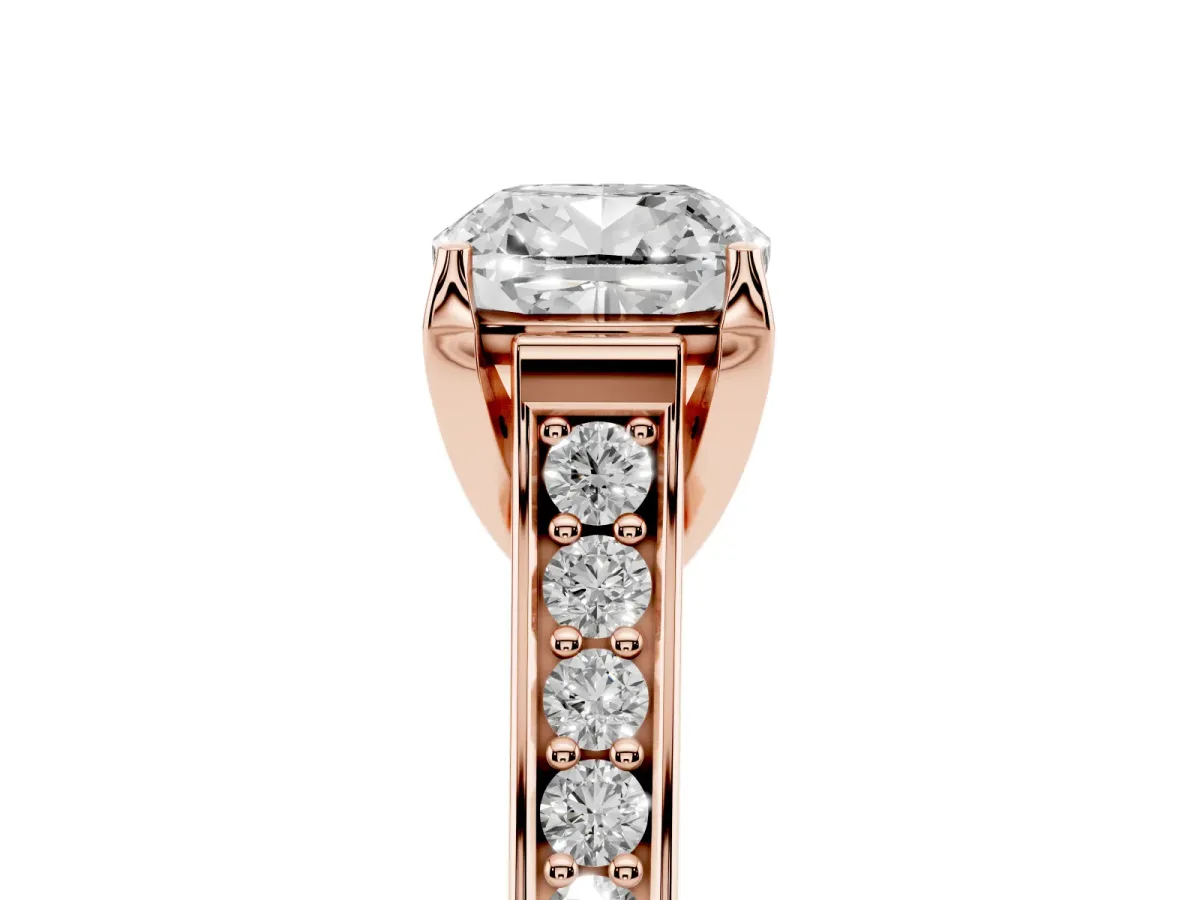 Cushion Cut Brilliant Cut Diamond Engagement Ring with Pavé Band and Four-Prong Setting Rose gold