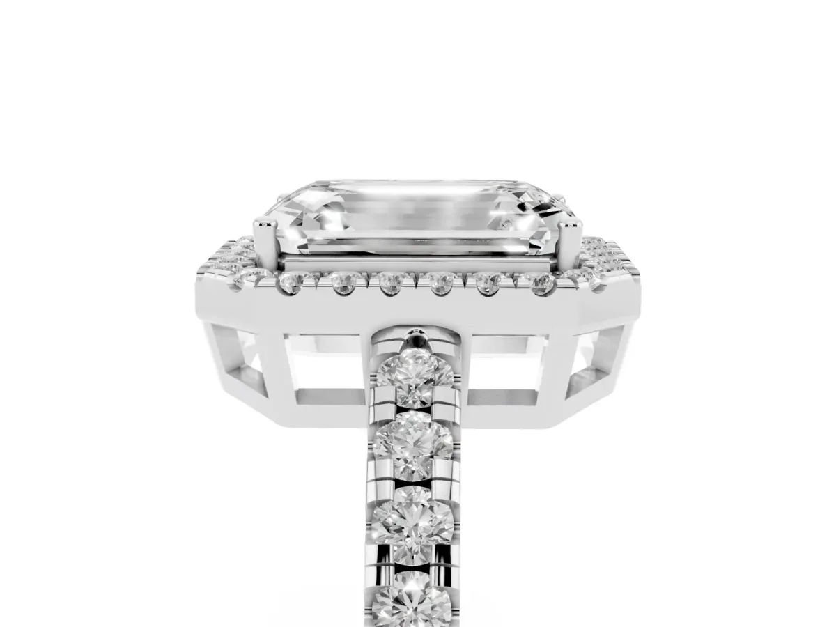 Emerald Cut Diamond Halo Ring with Pavé Band and Four-Prong Setting Silver