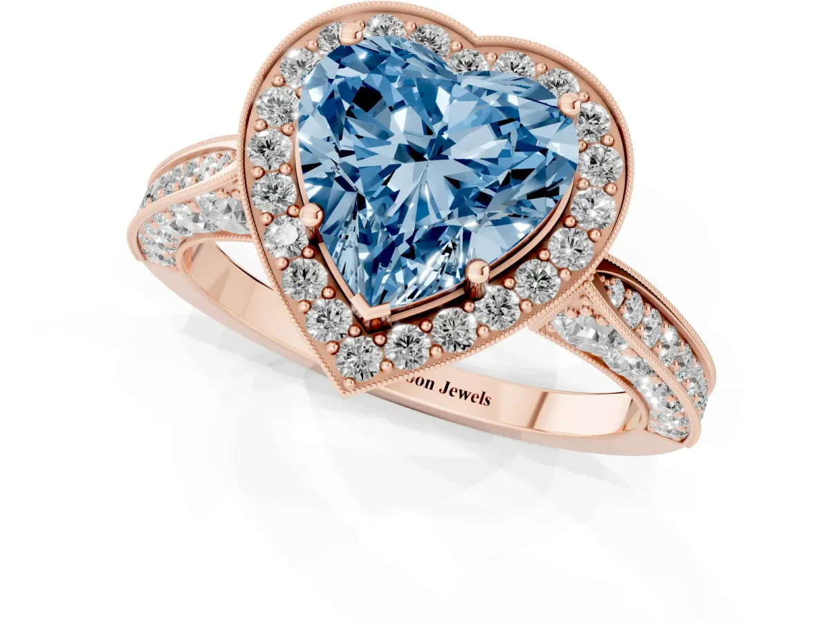Fancy Blue Heart Cut Halo Diamond Engagement Ring with Split Shank Band and Four-Prong Setting Rose gold