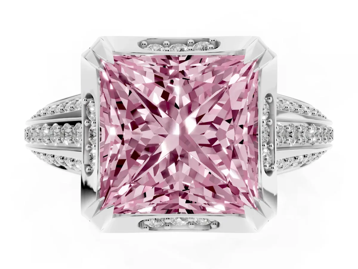 Fancy Pink Princess Cut Solitaire Pave Split Shank Ring with Four-Prong Setting Silver