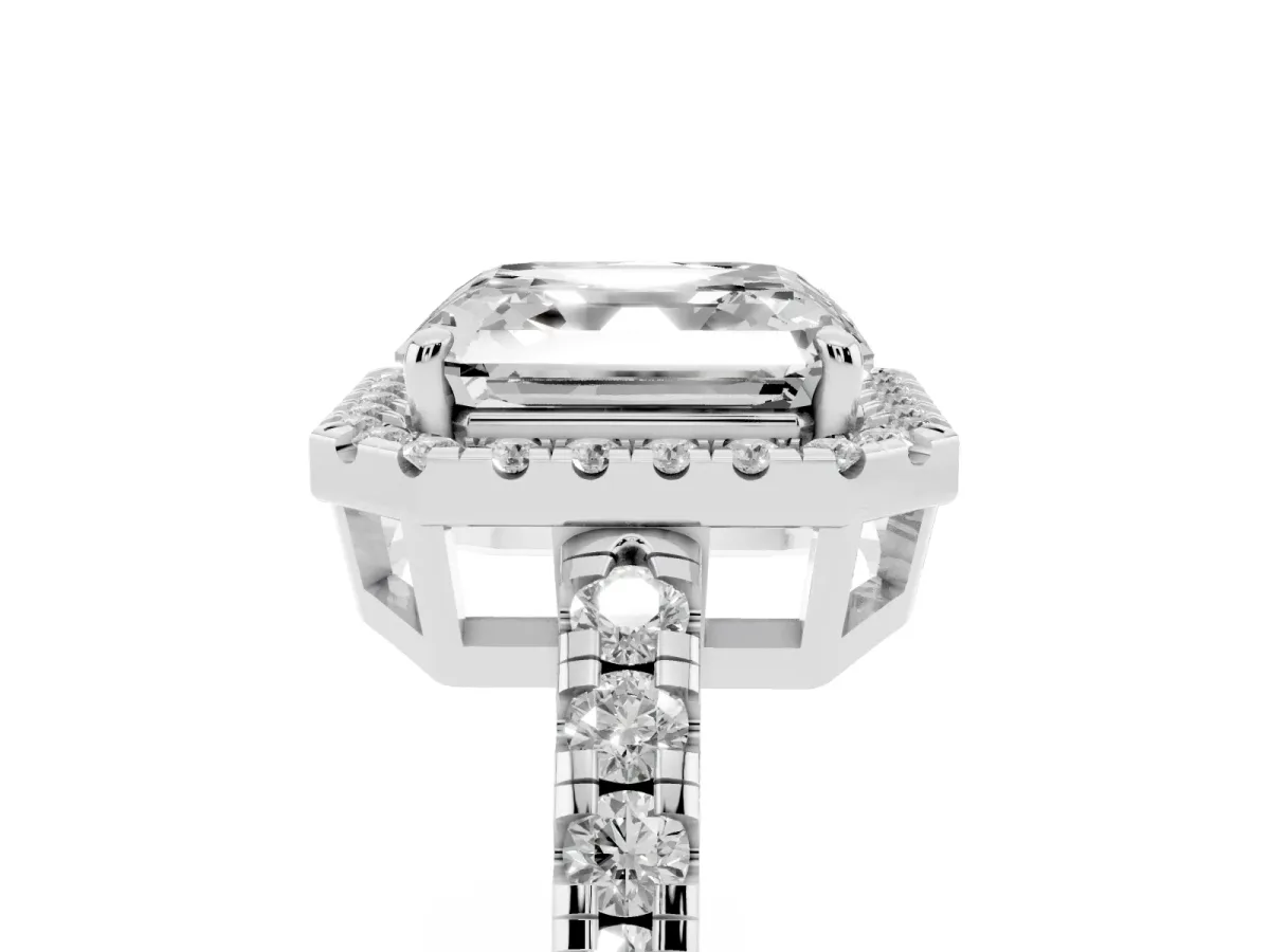Asscher Cut Diamond Halo Ring with Pavé Band and Four-Prong Setting Silver