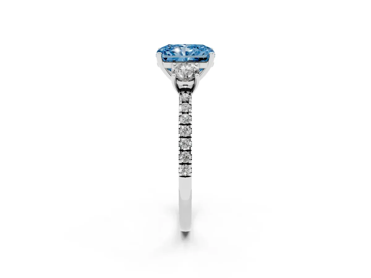 Fancy Blue Three-Stone Radiant Cut Cut Diamond Pavé Band with Prong Setting Platinum