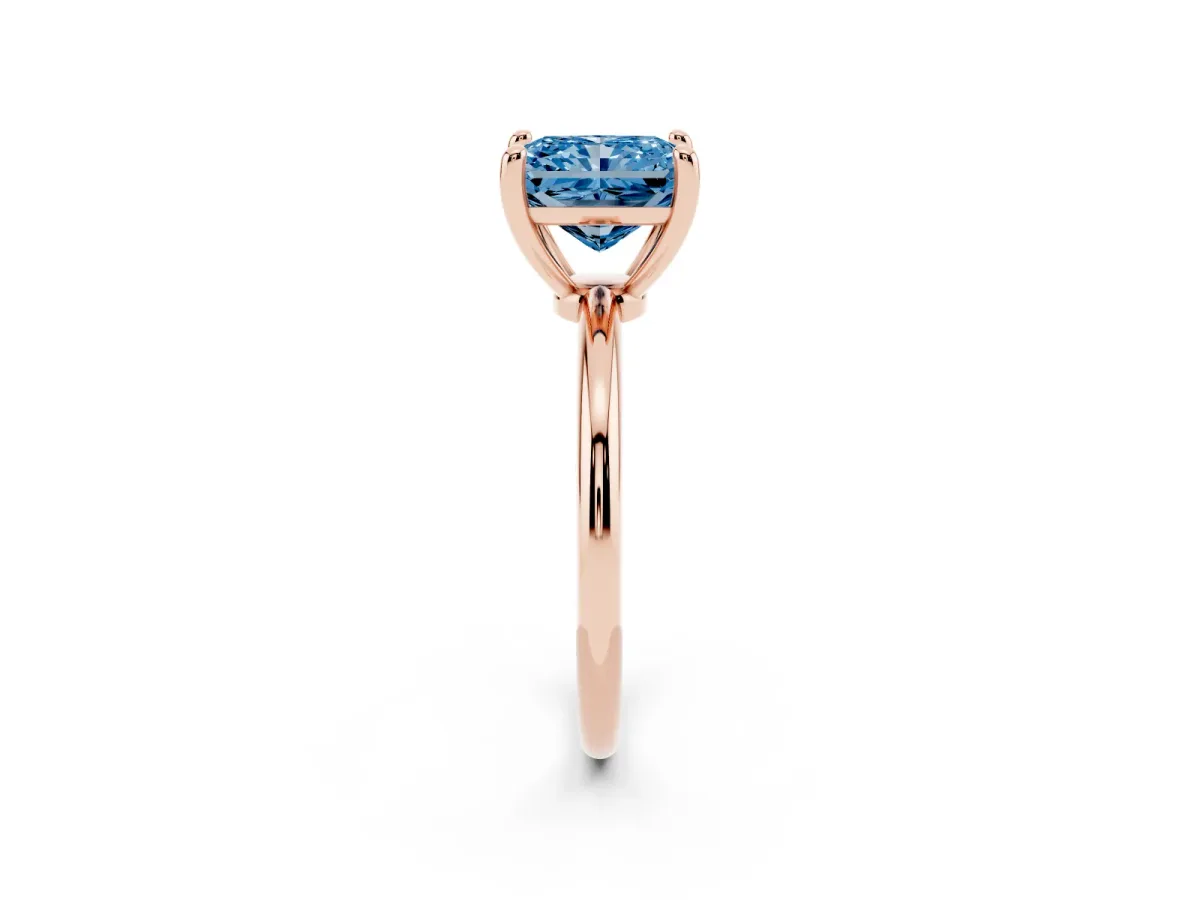 Fancy Blue Radiant Cut Solitaire Diamond Ring with 4-Prong Setting on a Classic Band Rose gold