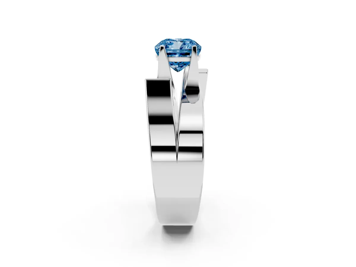 Fancy Blue Modern Tension Set Cushion Cut Diamond Solitaire Wide Band Ring Silver