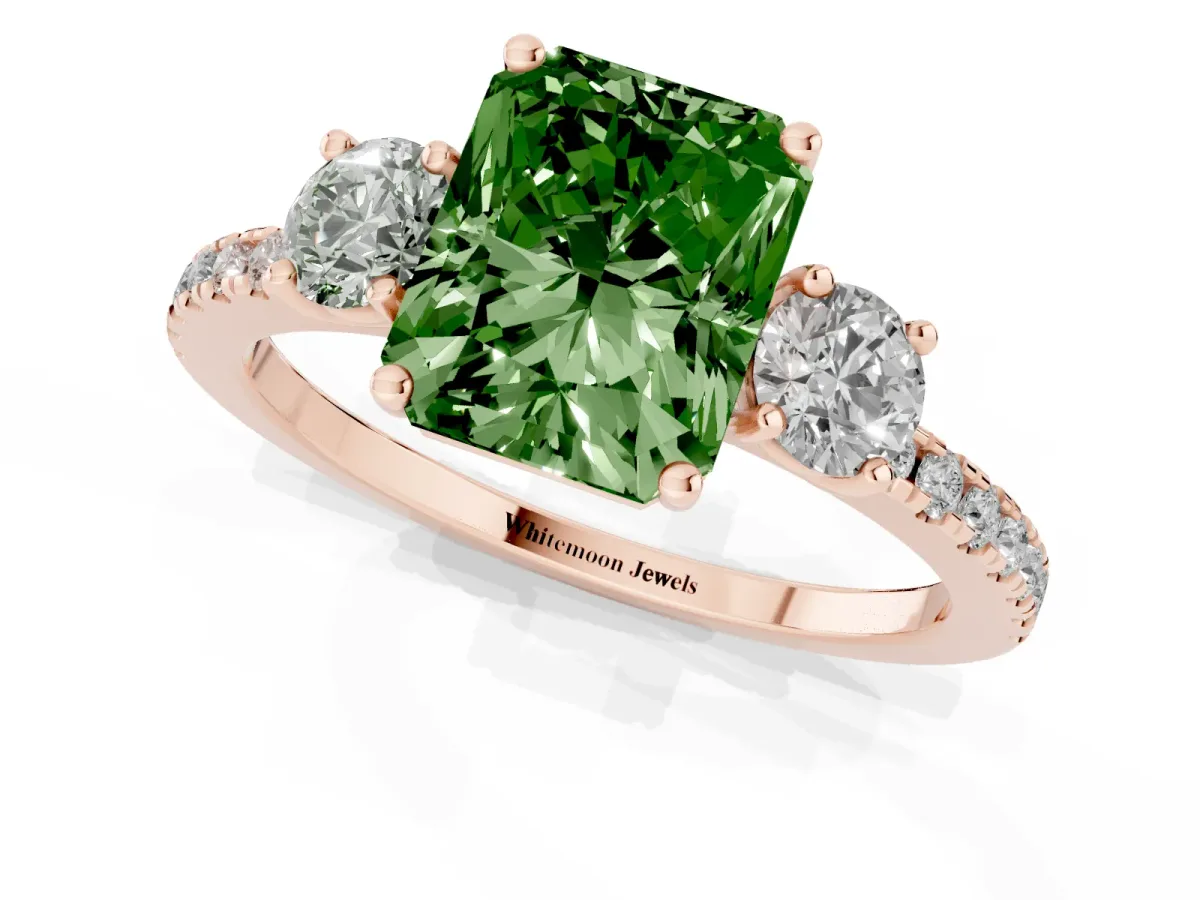Fancy Green Three-Stone Radiant Cut Cut Diamond Pavé Band with Prong Setting Rose gold
