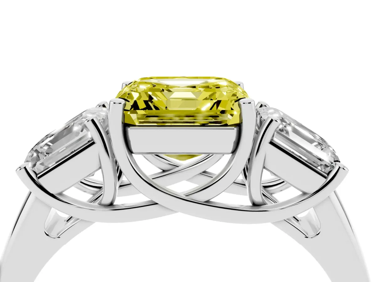 Fancy Yellow Three-Stone Asscher Cut Diamond Engagement Ring with Prong Setting Silver