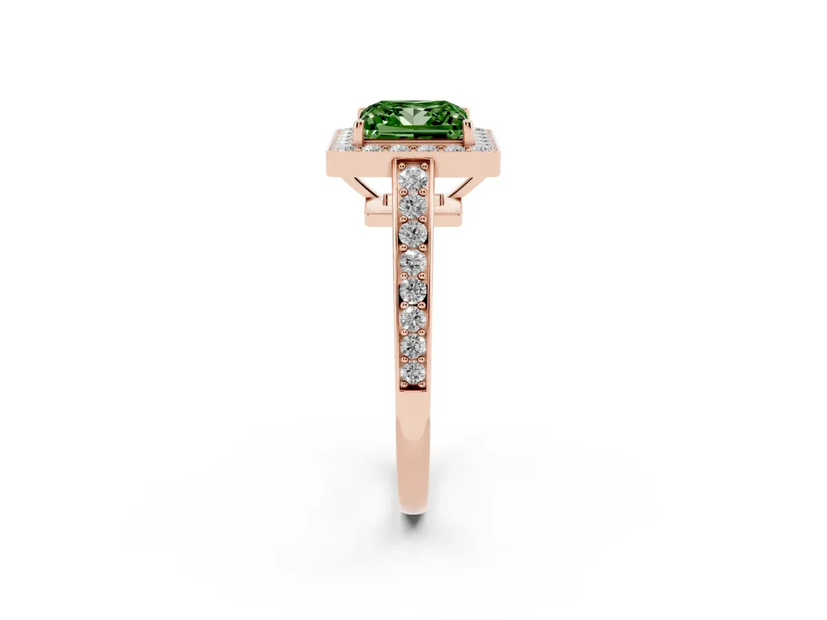 Fancy Green Princess Cut Halo Pavé Diamond Engagement Ring with Bezel Setting Rose gold