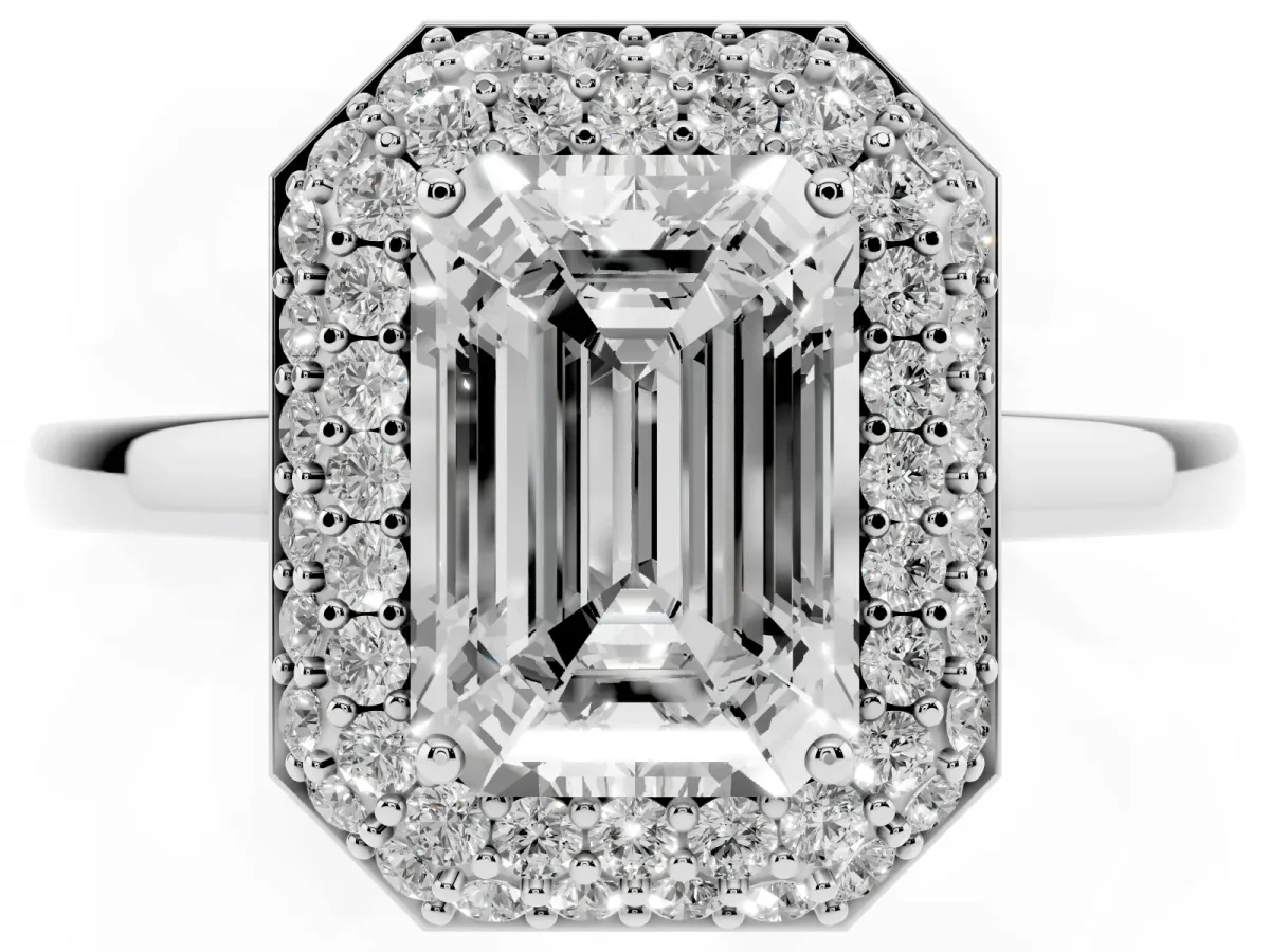 Emerald Cut Halo Diamond Engagement Ring with Solitaire Band and Four-Prong Setting Silver