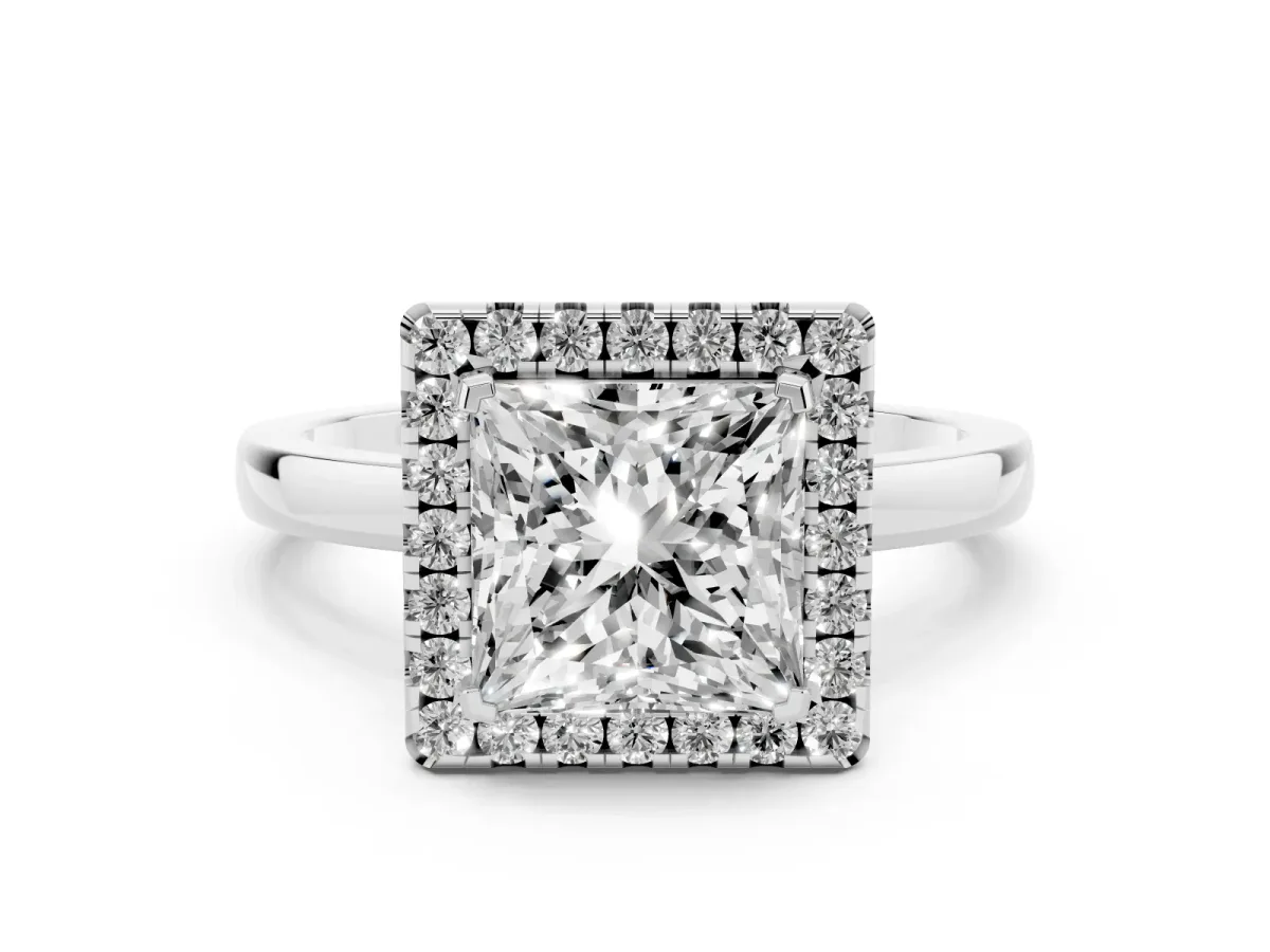 Princess Cut Halo Diamond Solitaire with Pavé Band and Four-Prong Setting Platinum