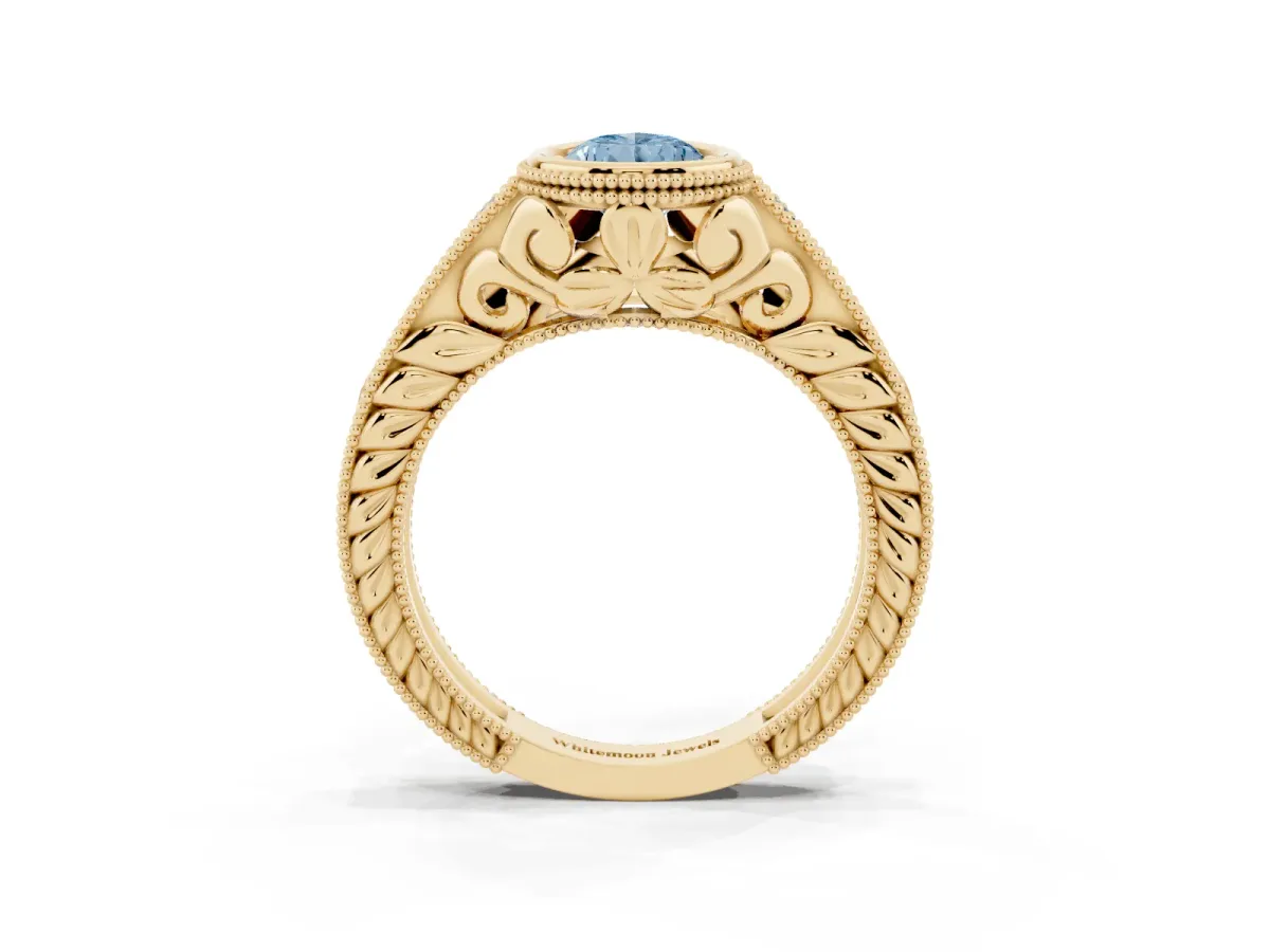 Fancy Blue Bezel Set Pear Cut Diamond Milgrain Pave Engagement Ring Yellow gold