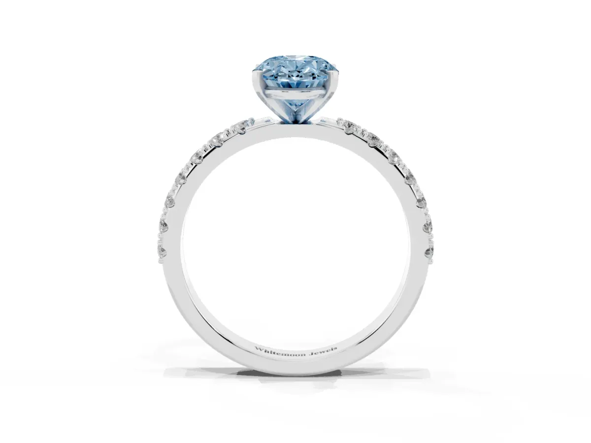 Fancy Blue Oval Cut Diamond Solitaire Pavé Band with Four-Prong Setting Silver
