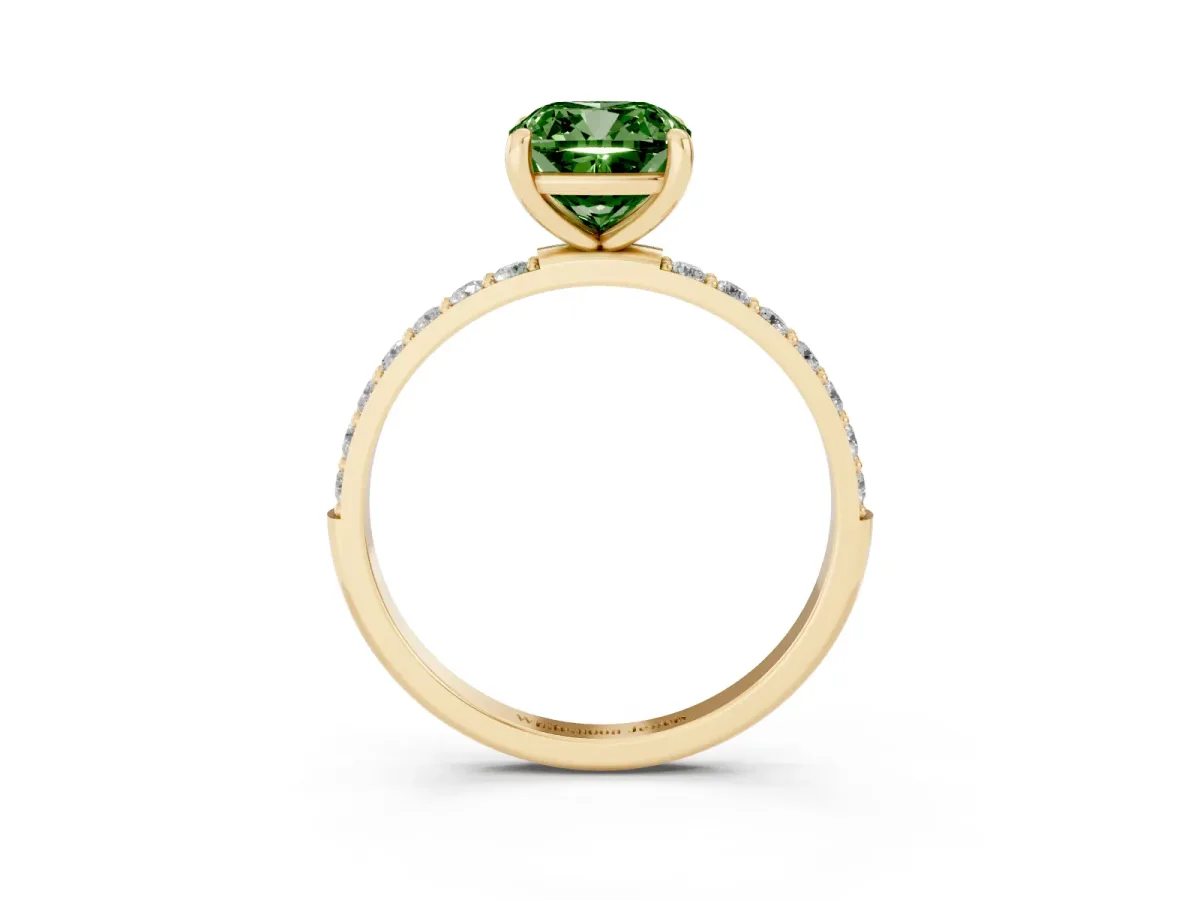 Fancy Green Cushion Cut Diamond Solitaire Ring with Round Pavé Band and Prong Setting Yellow gold