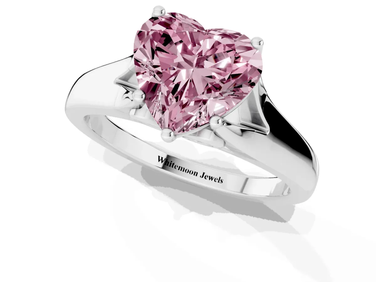 Fancy Pink Heart Cut Solitaire Diamond Ring with Cathedral Band and Four-Prong Setting Silver