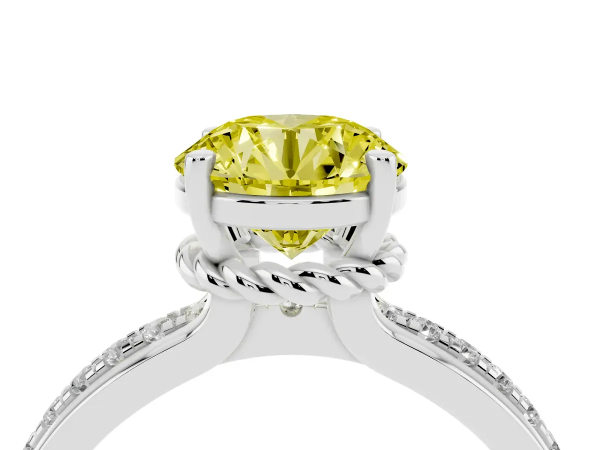 Fancy Yellow Round Cut Solitaire Diamond Ring with Channel Set Band and Six-Prong Setting Silver