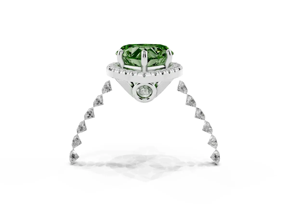 Fancy Green Heart Cut Halo Pavé Diamond Engagement Ring with Four-Prong Setting Silver