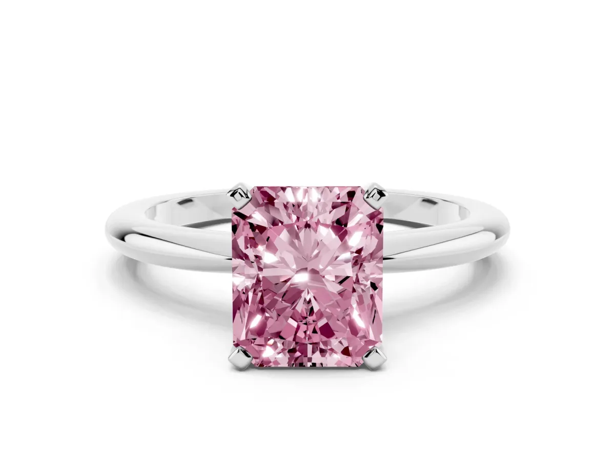 Fancy Pink Radiant Cut Diamond Solitaire Ring with Prong Setting and Classic Band Silver