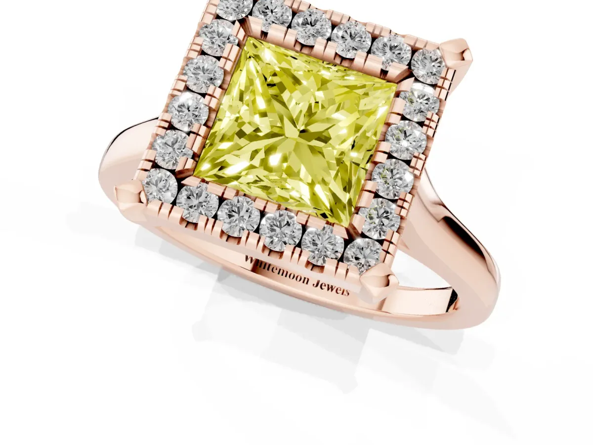 Fancy Yellow Princess Cut Diamond Cluster Halo Solitaire with Four-Prong Setting Rose gold